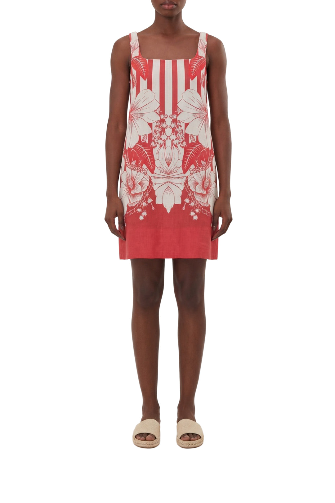 Robe courte à rayures et fleurs en lin - Rouge