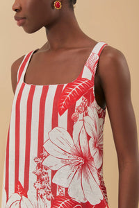 Robe courte à rayures et fleurs en lin - Rouge