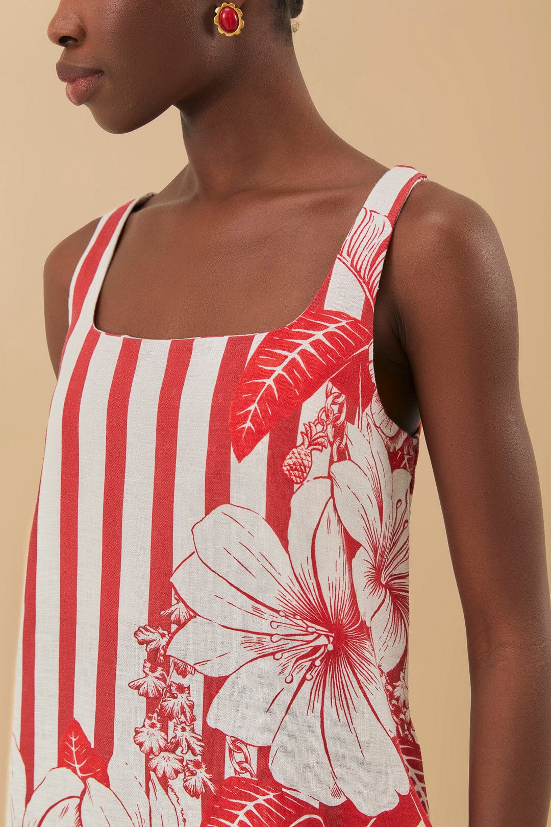 Robe courte à rayures et fleurs en lin - Rouge