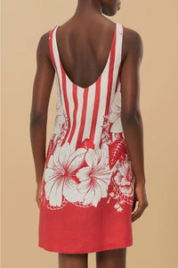 Robe courte à rayures et fleurs en lin - Rouge