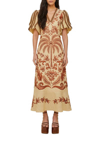 Robe longue col V à manches courtes en lin - Beige