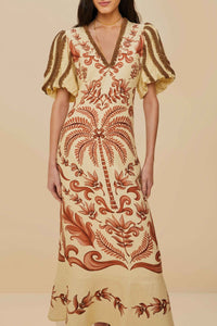 Robe longue col V à manches courtes en lin - Beige