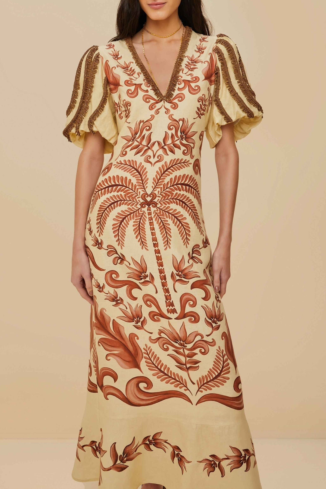 Robe longue col V à manches courtes en lin - Beige