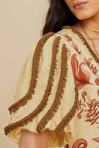 Robe longue col V à manches courtes en lin - Beige