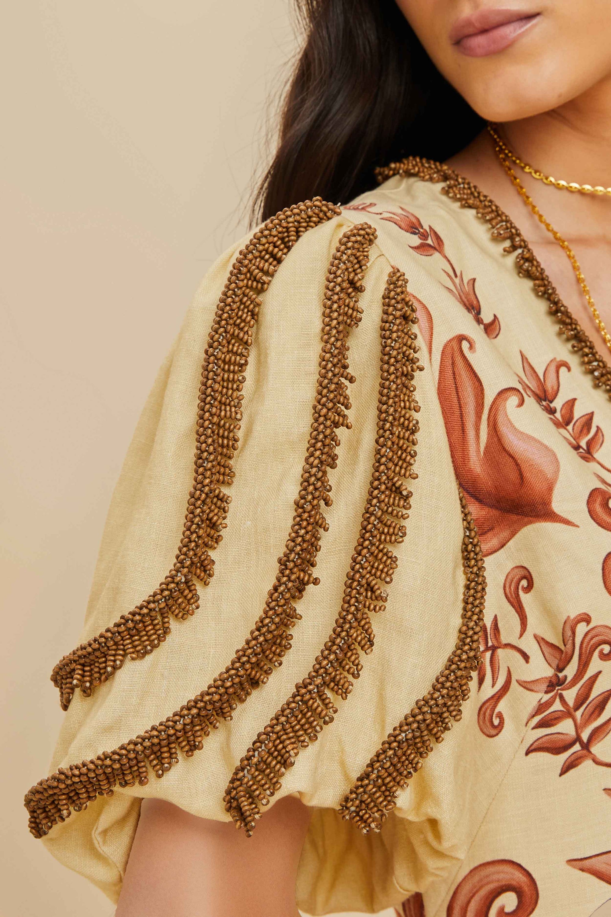 Robe longue col V à manches courtes en lin - Beige