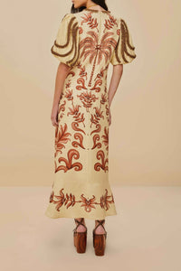 Robe longue col V à manches courtes en lin - Beige