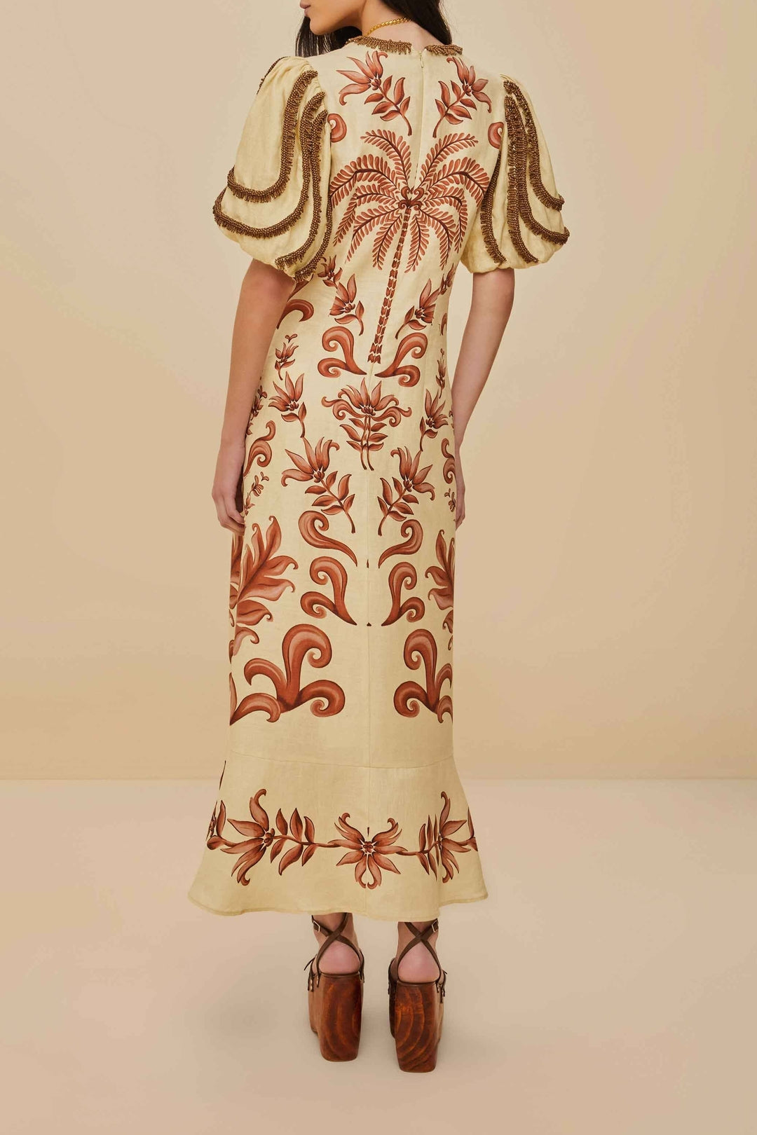 Robe longue col V à manches courtes en lin - Beige