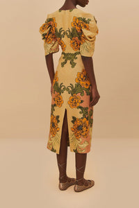 Robe midi Flower Arabesques en lin - Jaune