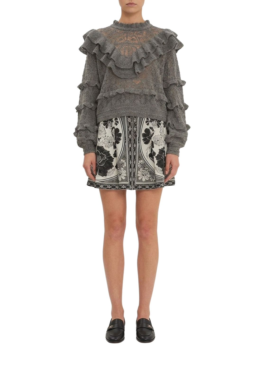 Pull volanté en maille - Gris