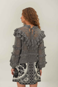 Pull volanté en maille - Gris