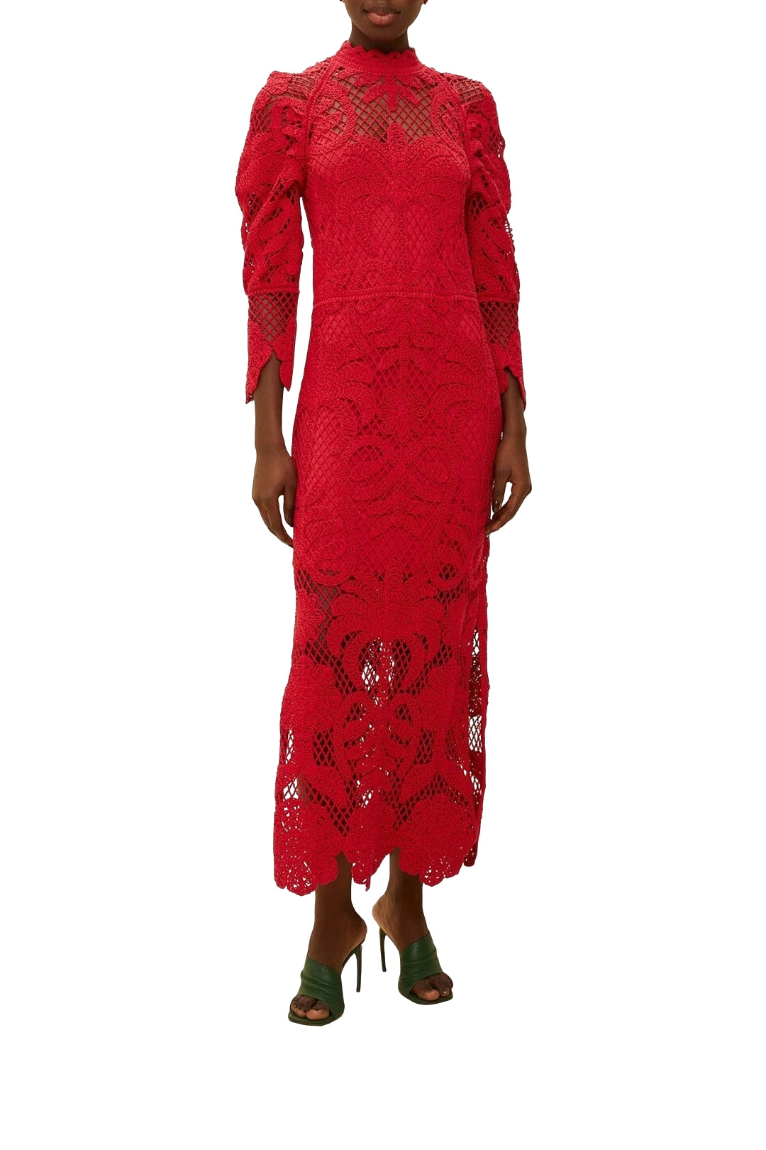 Robe longue en dentelle et maille - Rouge