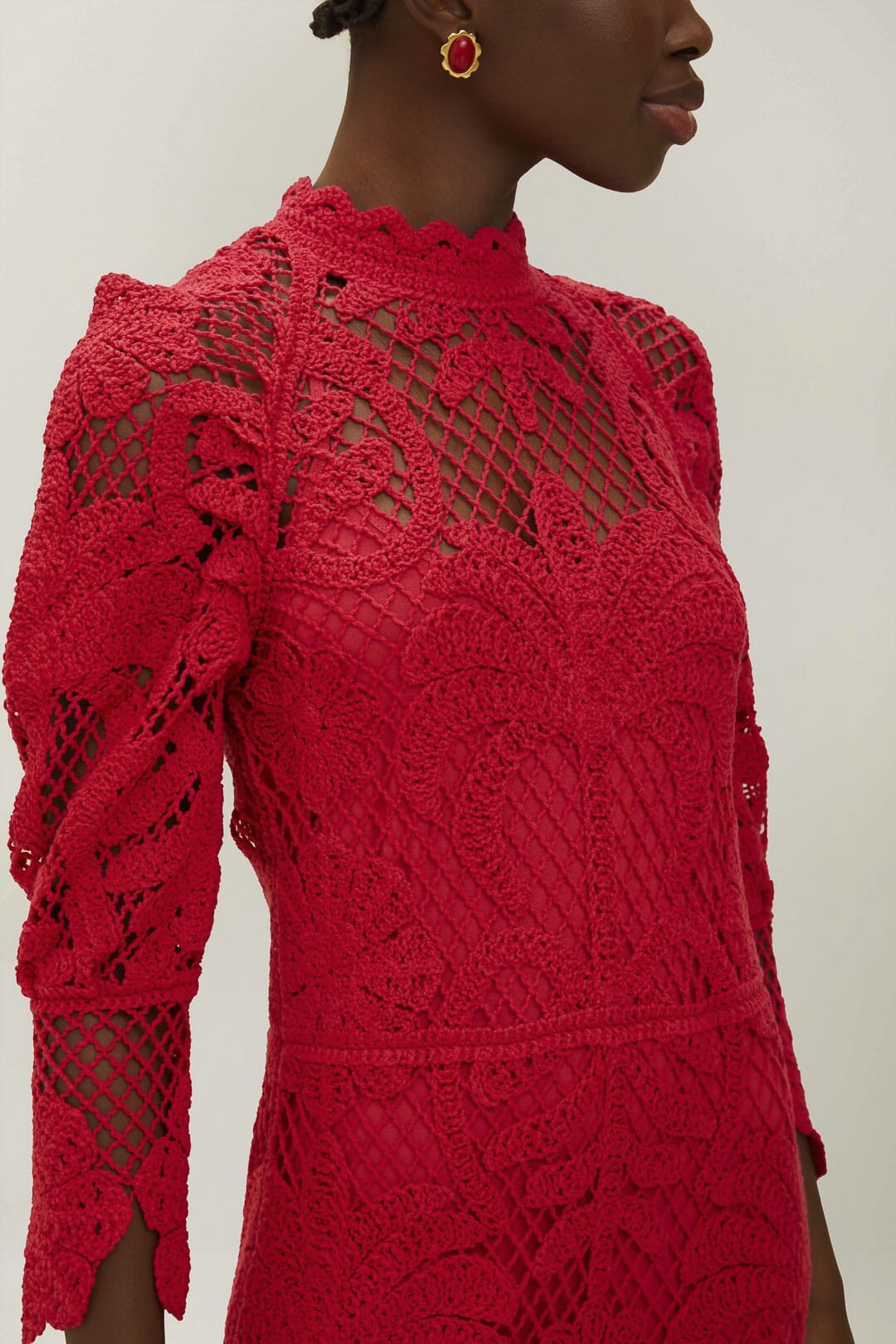 Robe longue en dentelle et maille - Rouge