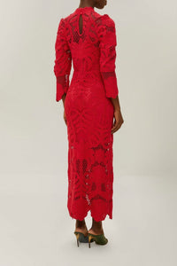 Robe longue en dentelle et maille - Rouge
