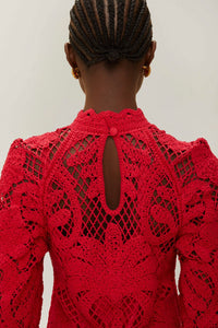 Robe longue en dentelle et maille - Rouge