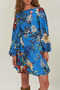 Robe courte portefeuille fleurie - Bleu