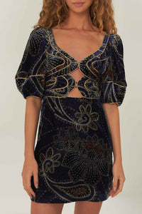 Robe courte Floral Glam en velours - Bleu