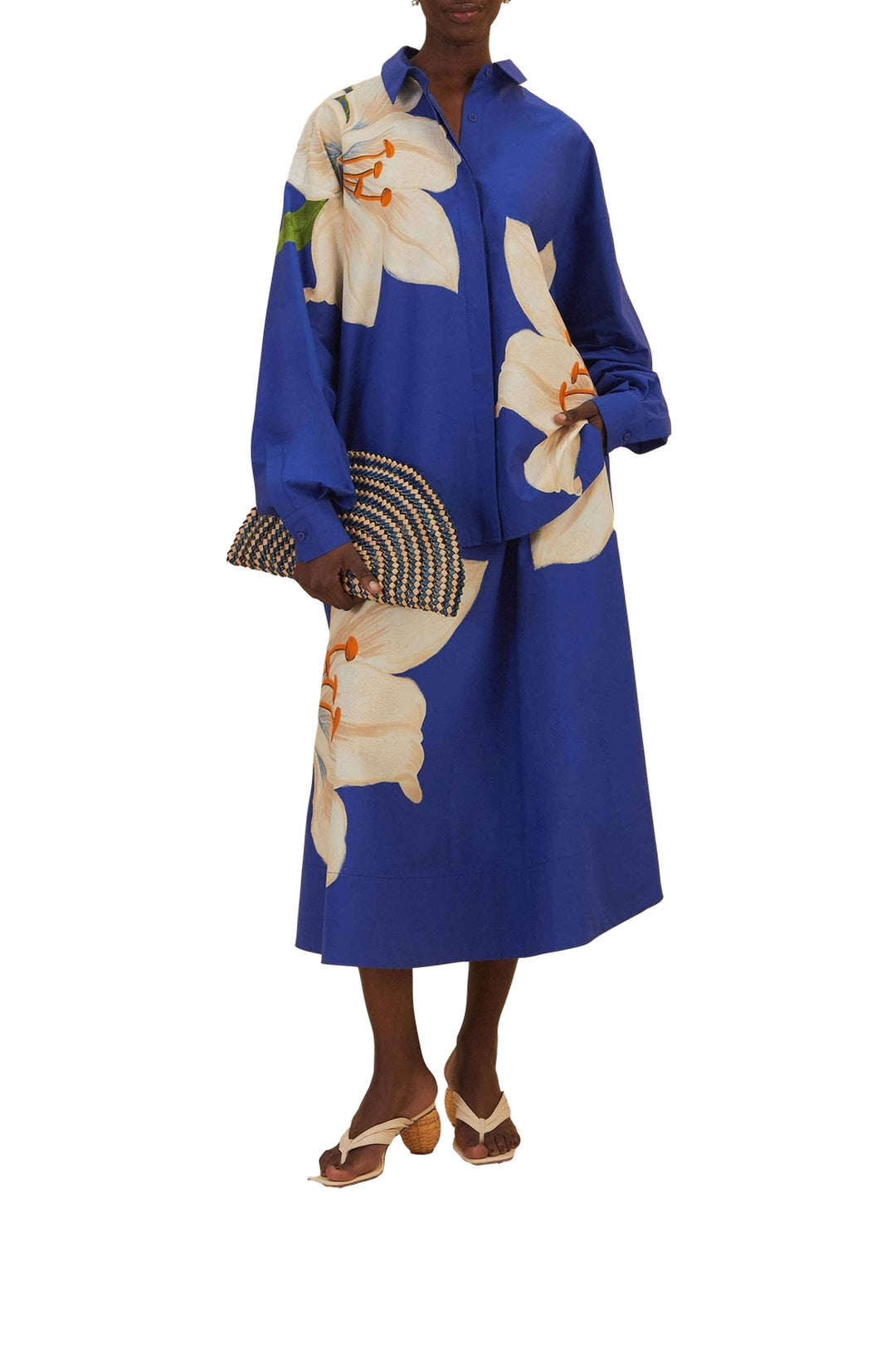 Jupe midi Flowers en coton - Bleu