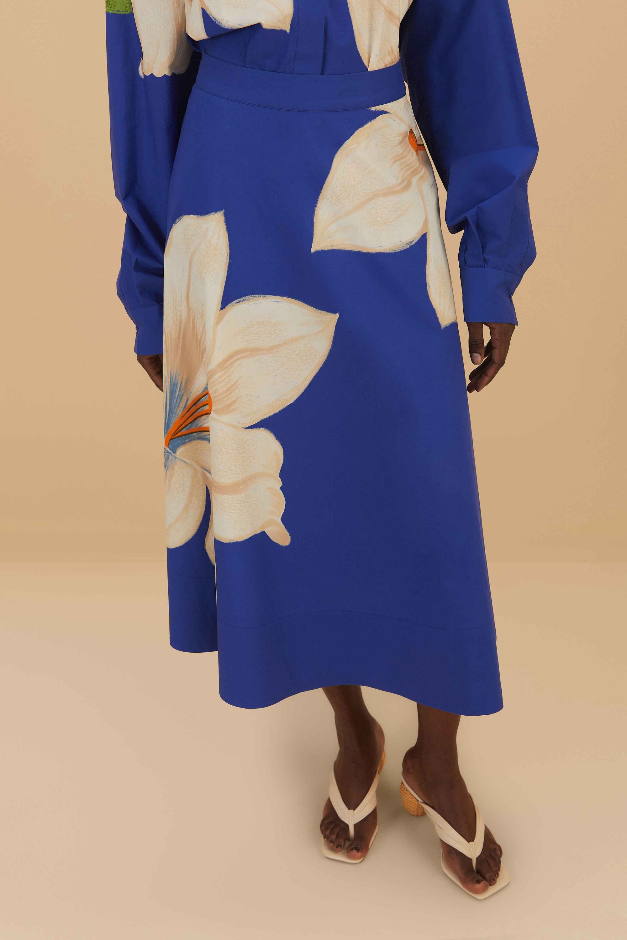Jupe midi Flowers en coton - Bleu