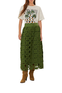 Jupe midi Richelieu en coton - Vert