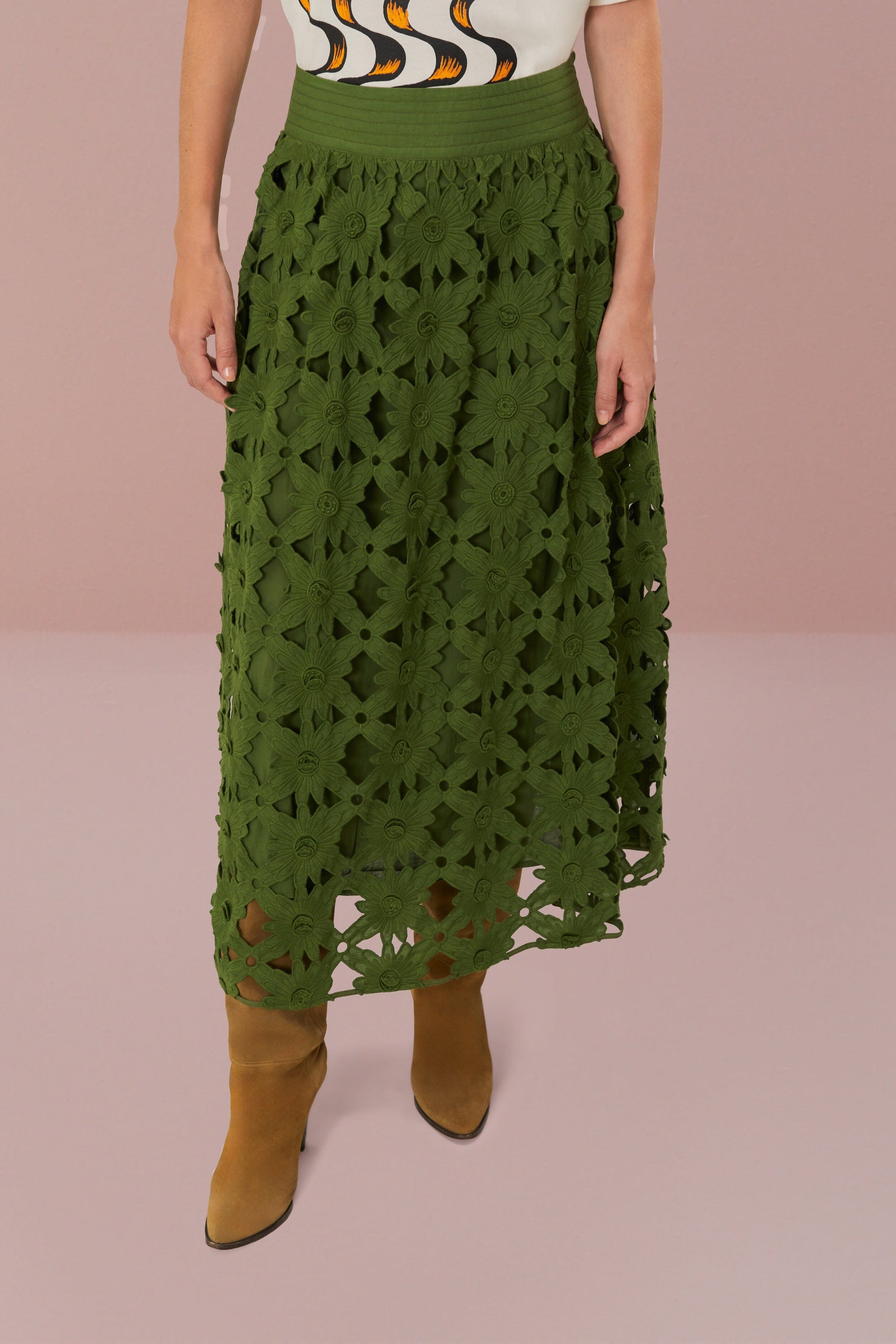 Jupe midi Richelieu en coton - Vert