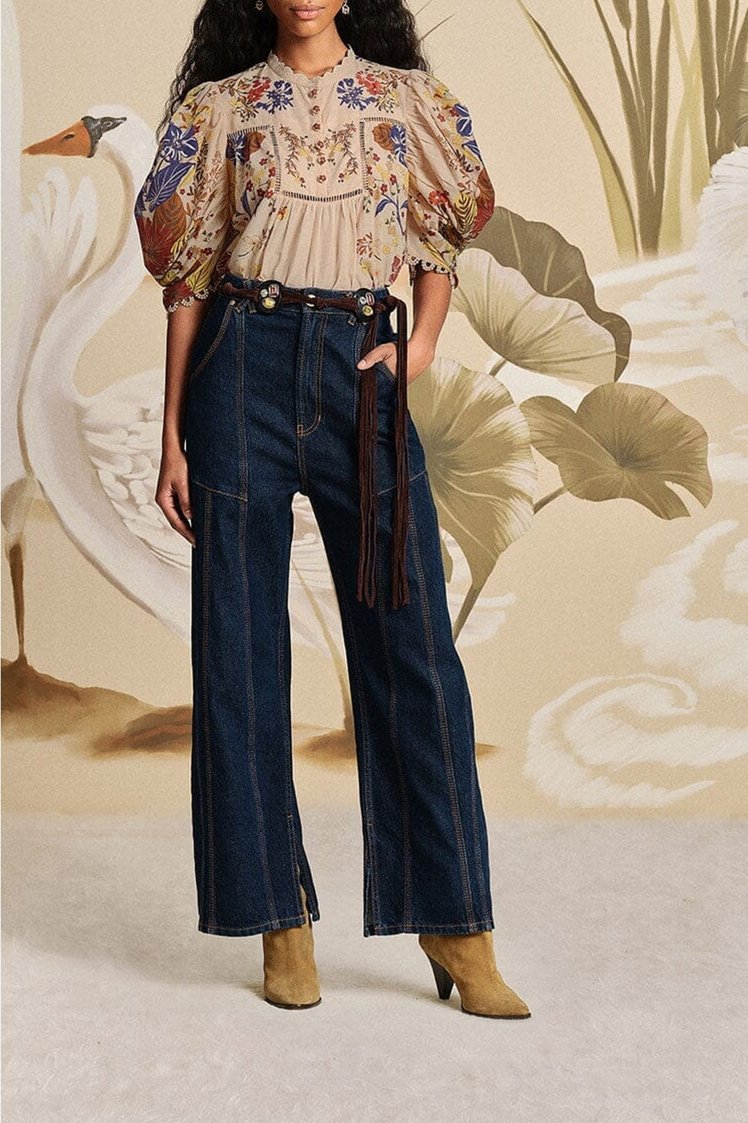 Pantalon taille haute en denim - Bleu