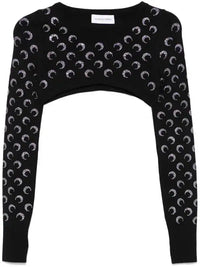 Moon Rhinestoned Knit Ultra Cropped Swea - Noir