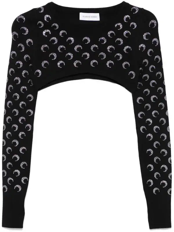 Moon Rhinestoned Knit Ultra Cropped Swea - Noir