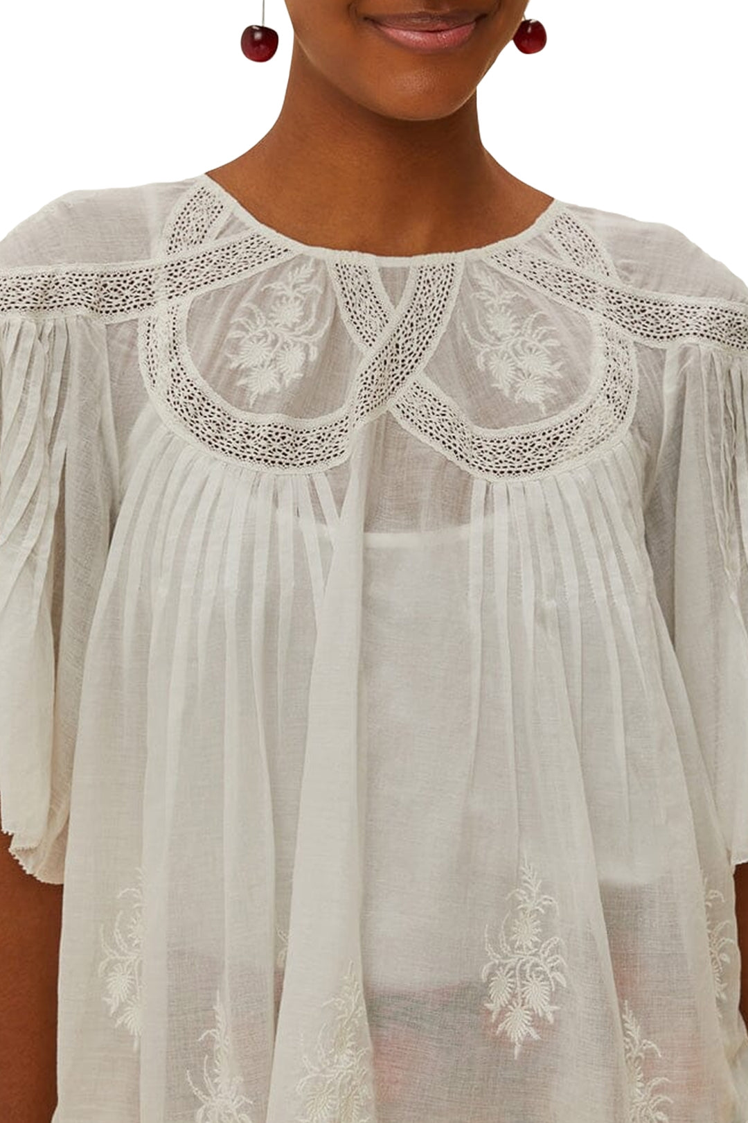 Blouse brodée à manches courtes en coton - Blanc