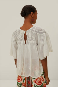 Blouse brodée à manches courtes en coton - Blanc