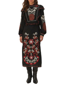 Robe midi Cashew Mandala à manches longues en coton - Noir