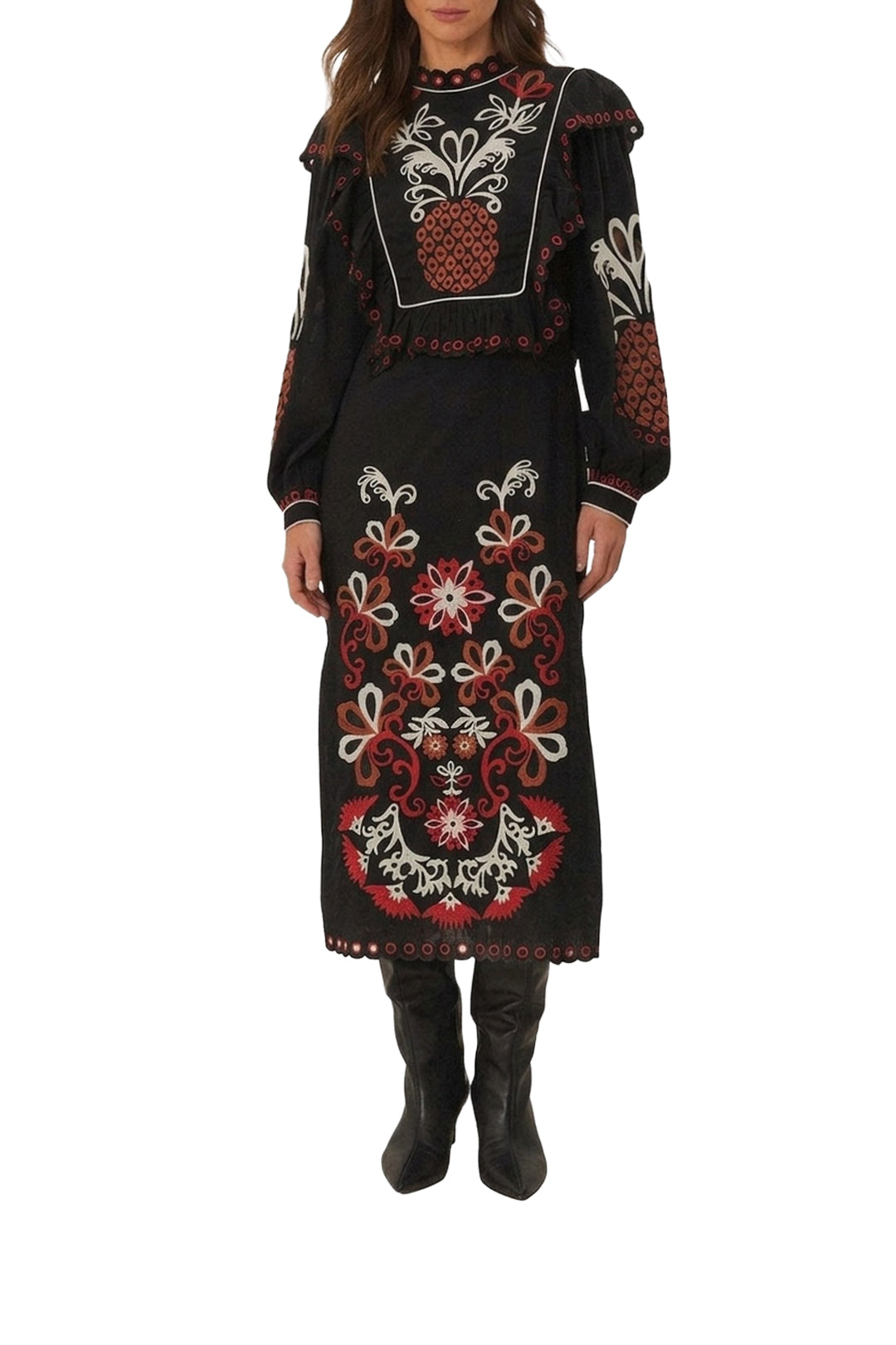 Robe midi Cashew Mandala à manches longues en coton - Noir