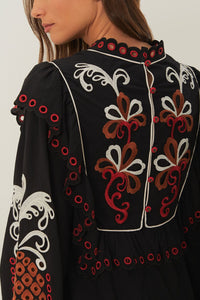 Robe midi Cashew Mandala à manches longues en coton - Noir