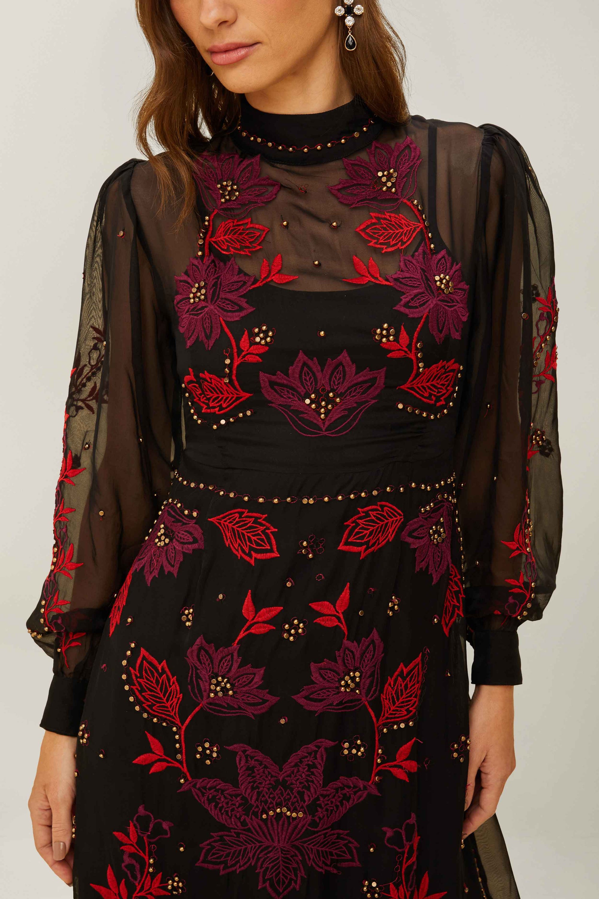 Robe longue manches longues en organza - Noir