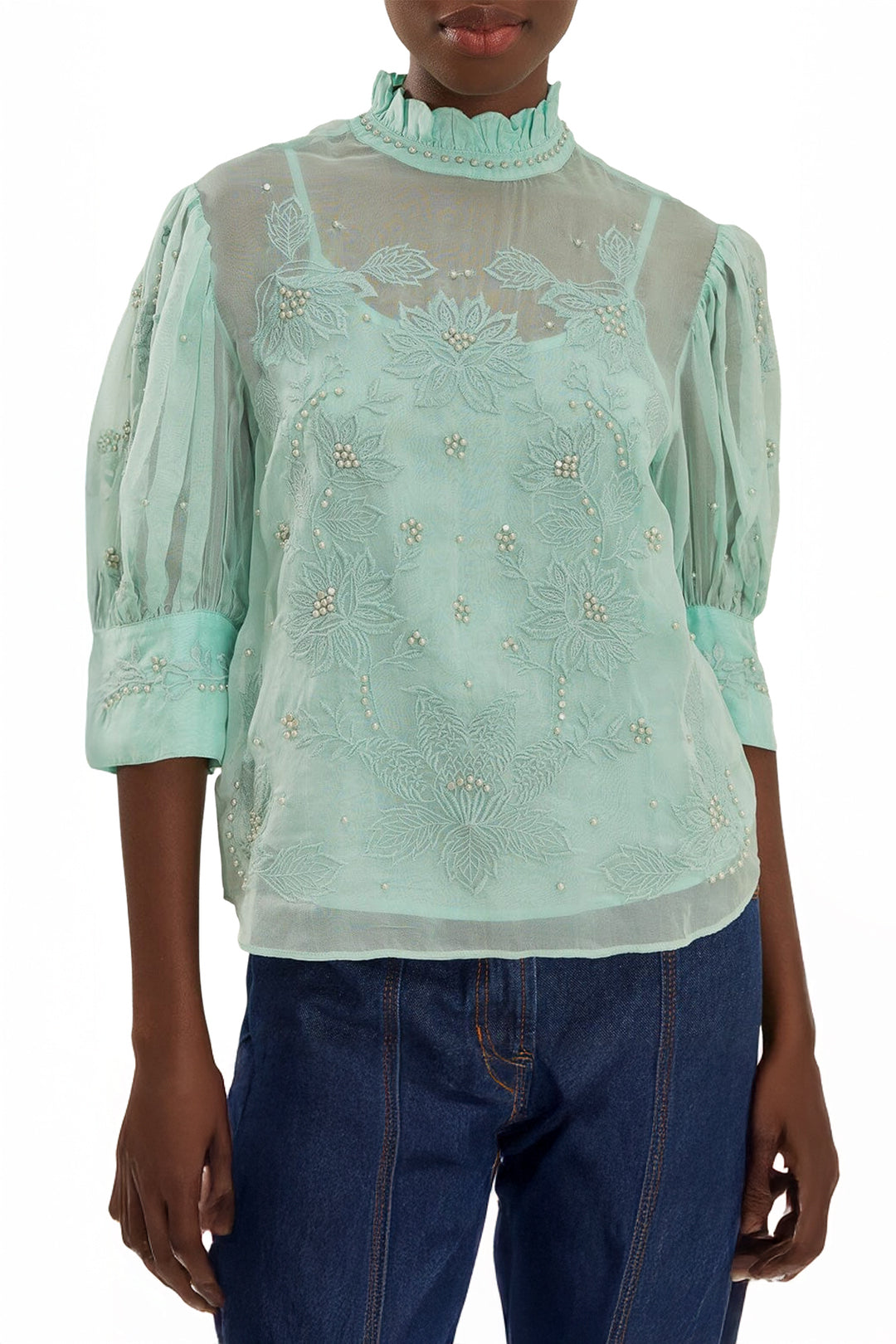 Blouse brodée col montant - Bleu