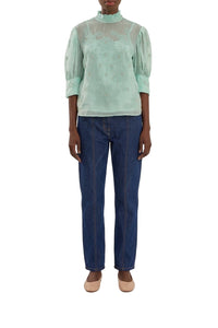 Blouse brodée col montant - Bleu