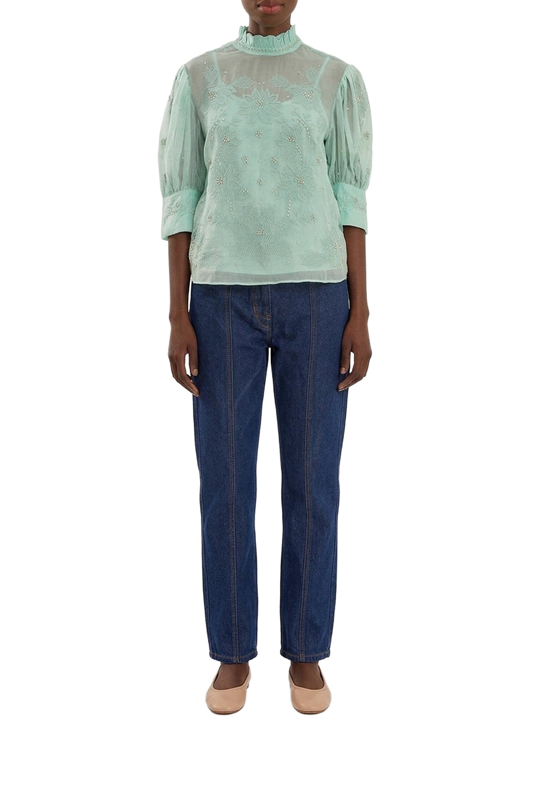 Blouse brodée col montant - Bleu