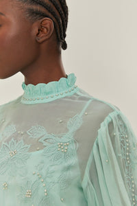 Blouse brodée col montant - Bleu