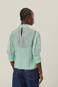 Blouse brodée col montant - Bleu