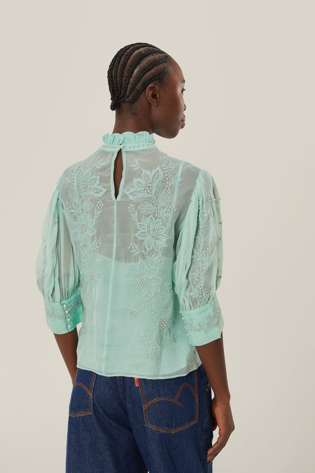 Blouse brodée col montant - Bleu