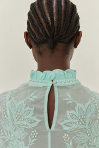 Blouse brodée col montant - Bleu