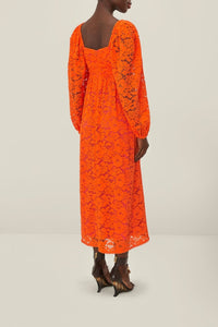 Robe midi à manches longues en dentelle et coton - Orange