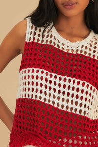 T-shirt crochet à rayures en coton - Rouge