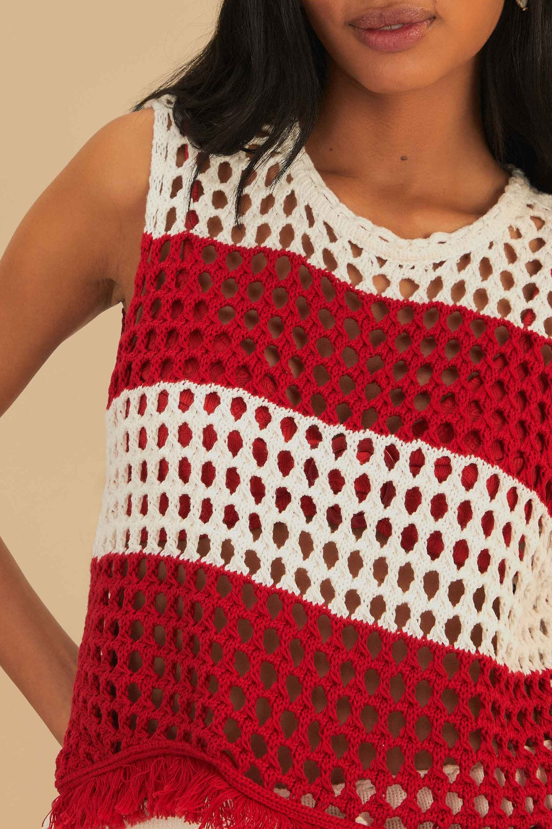 T-shirt crochet à rayures en coton - Rouge