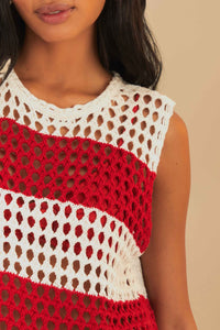 T-shirt crochet à rayures en coton - Rouge