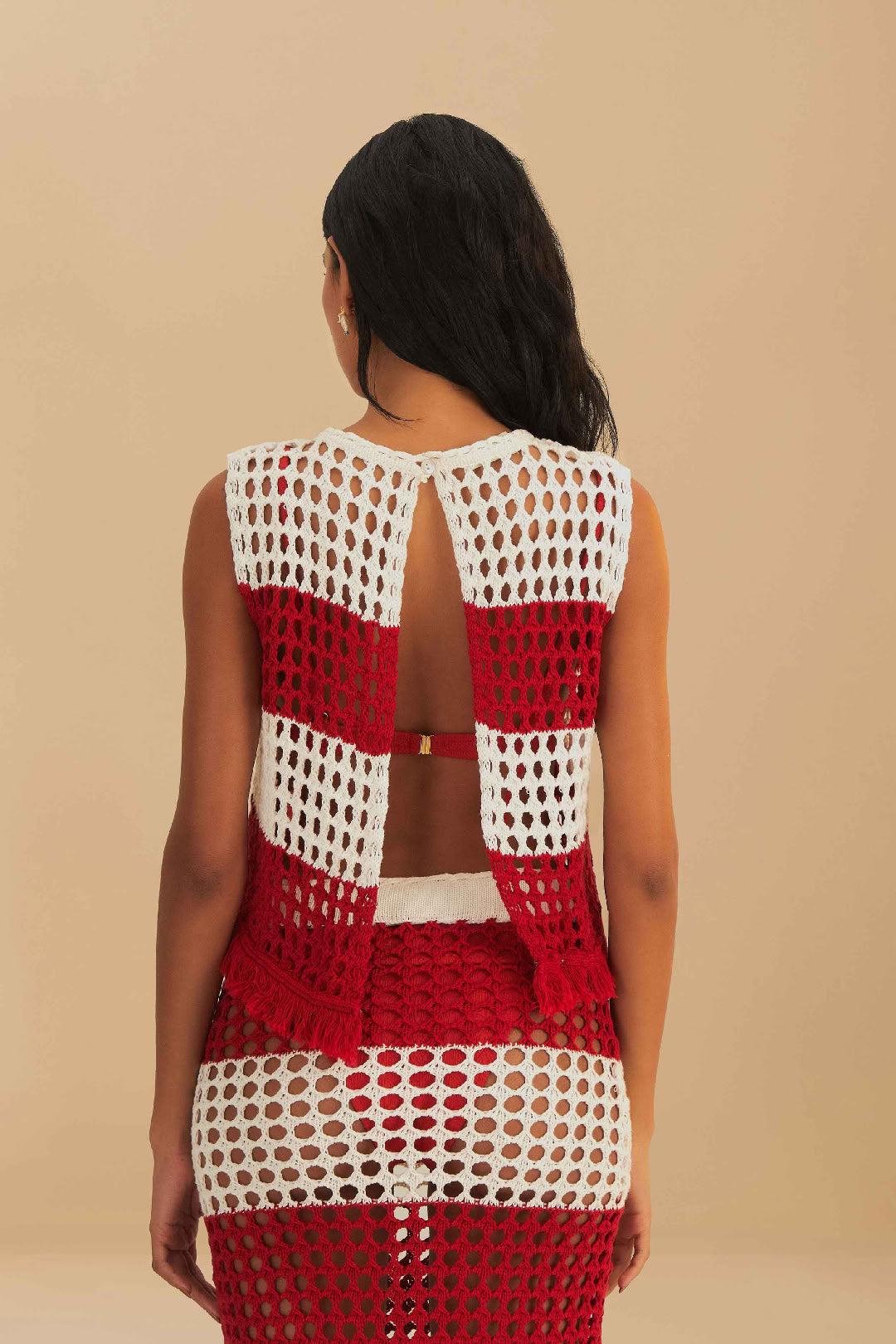 Crocheted striped cotton T-shirt - Red