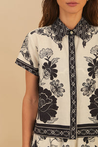 Chemise Flower Leopards à manches courtes en lin - Noir