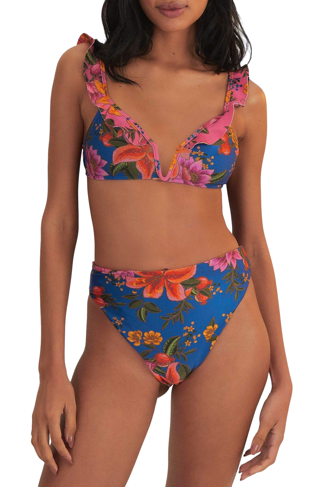 Bas de bikini taille haute réversible Summer Fruit - Bleu