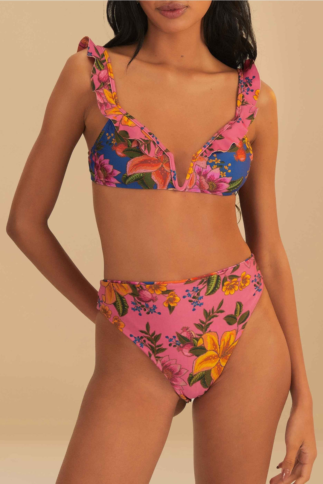 Bas de bikini taille haute réversible Summer Fruit - Bleu