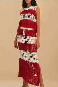 Jupe midi crochet à rayures en coton - Rouge