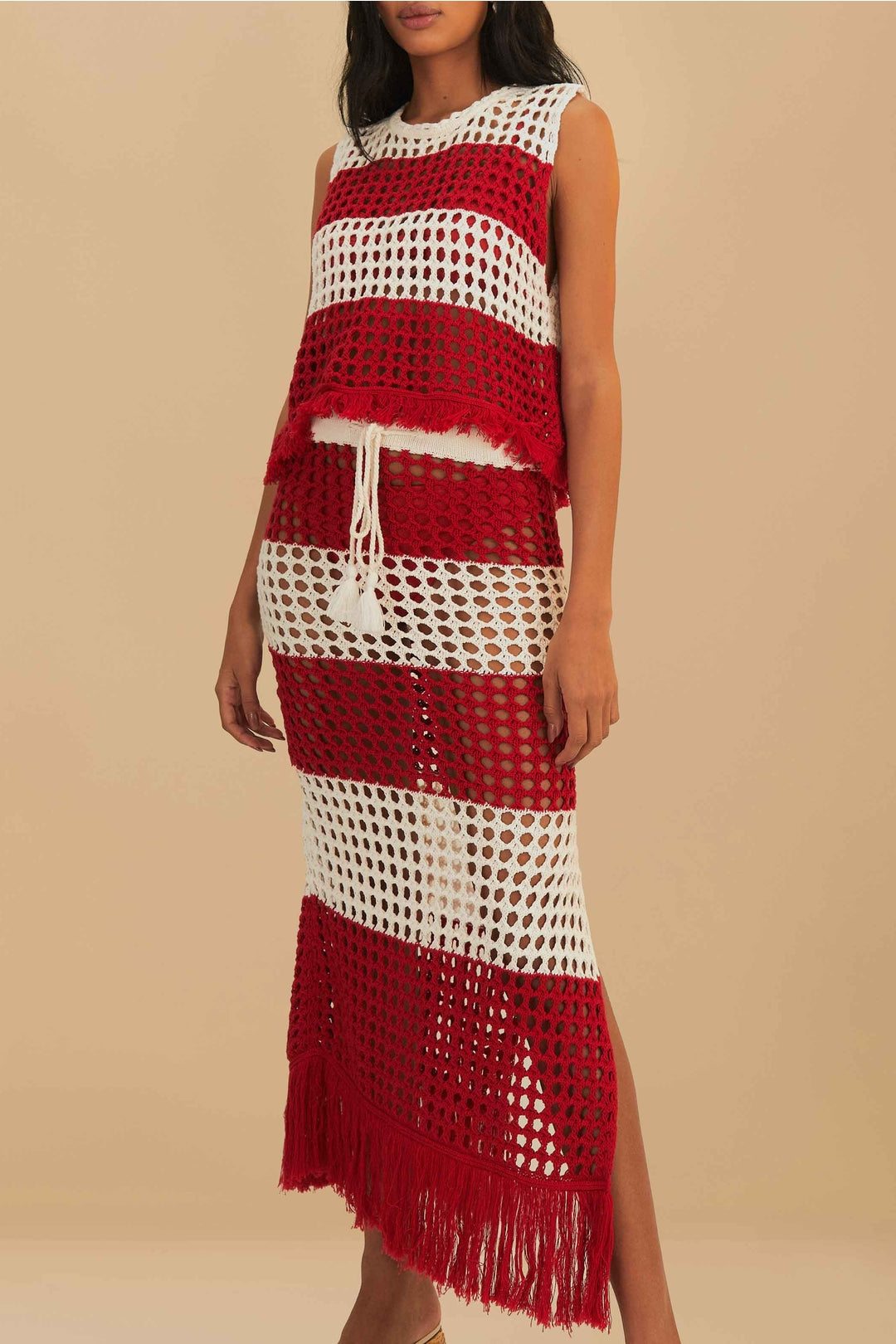 Jupe midi crochet à rayures en coton - Rouge
